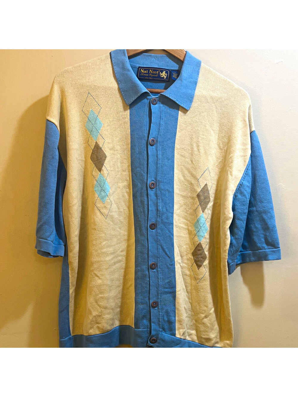 VNT Nat Nast Men's Blue Beige Argyle Short Sleeve Polo Shirt XL Regular Collared